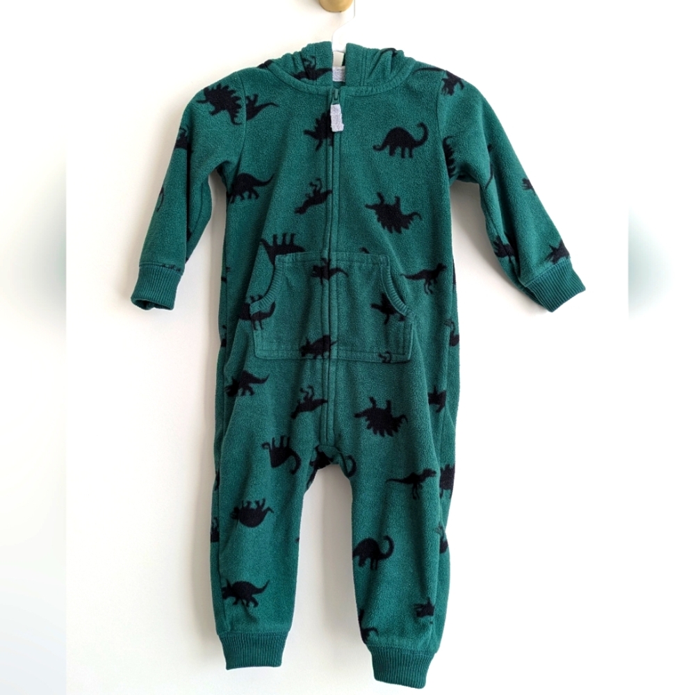 CARTER'S Dinosaur Fleece Romper Hoodie 12m Green